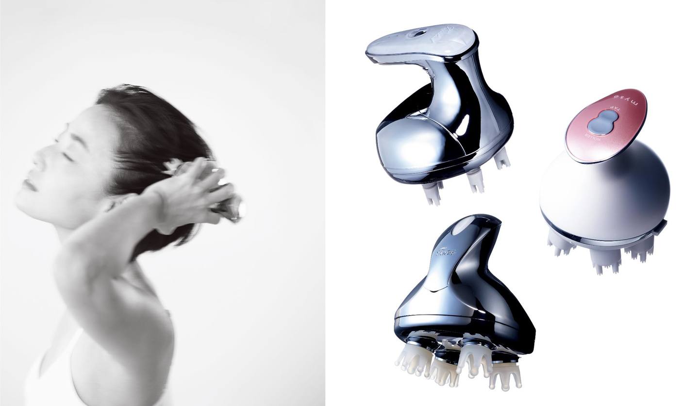 左／model：真樹麗子（Precious専属）、右／（上から）ツインバード工業防水ヘッドケア機 ￥35,000（編集部調べ）、ヤーマンミーゼ ヘッドスパリフト ￥12,500、MTGリファグレイス ヘッドスパ ￥32,780