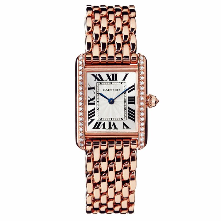 時計「タンク ルイ カルティエ」￥3,250,000 手巻き【ケースサイズ：縦29.5×横22mm】［ケース：ピンクゴールド×ダイヤモンド、ブレスレット：ピンクゴールド］（カルティエ）