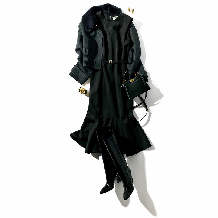 フェンディのワンピースを主役にしたドレスアップスタイル