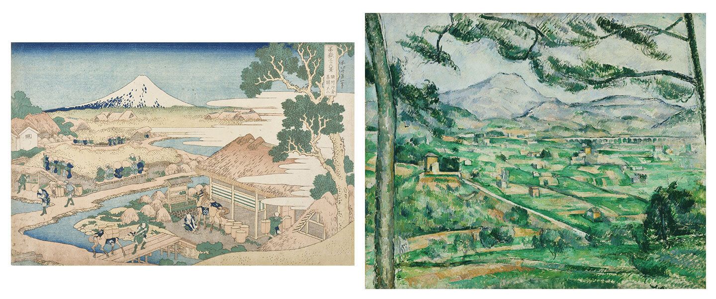 左/葛飾北斎《冨嶽三十六景 駿州片倉茶園ノ不二》1830-33(天保元-4)年頃 横大判錦絵 24×37.2cm オーストリア応用美術館、ウィーン MAK – Austrian Museum of Applied Arts / Contemporary Art, Vienna Photo: ©MAK / Georg Mayer 右/ポール・セザンヌ《サント=ヴィクトワール山》1886-87年 油彩、カンヴァス 59.7×72.4cm フィリップス・コレクション、ワシントンD.C.The Phillips Collection, Washington, D. C.