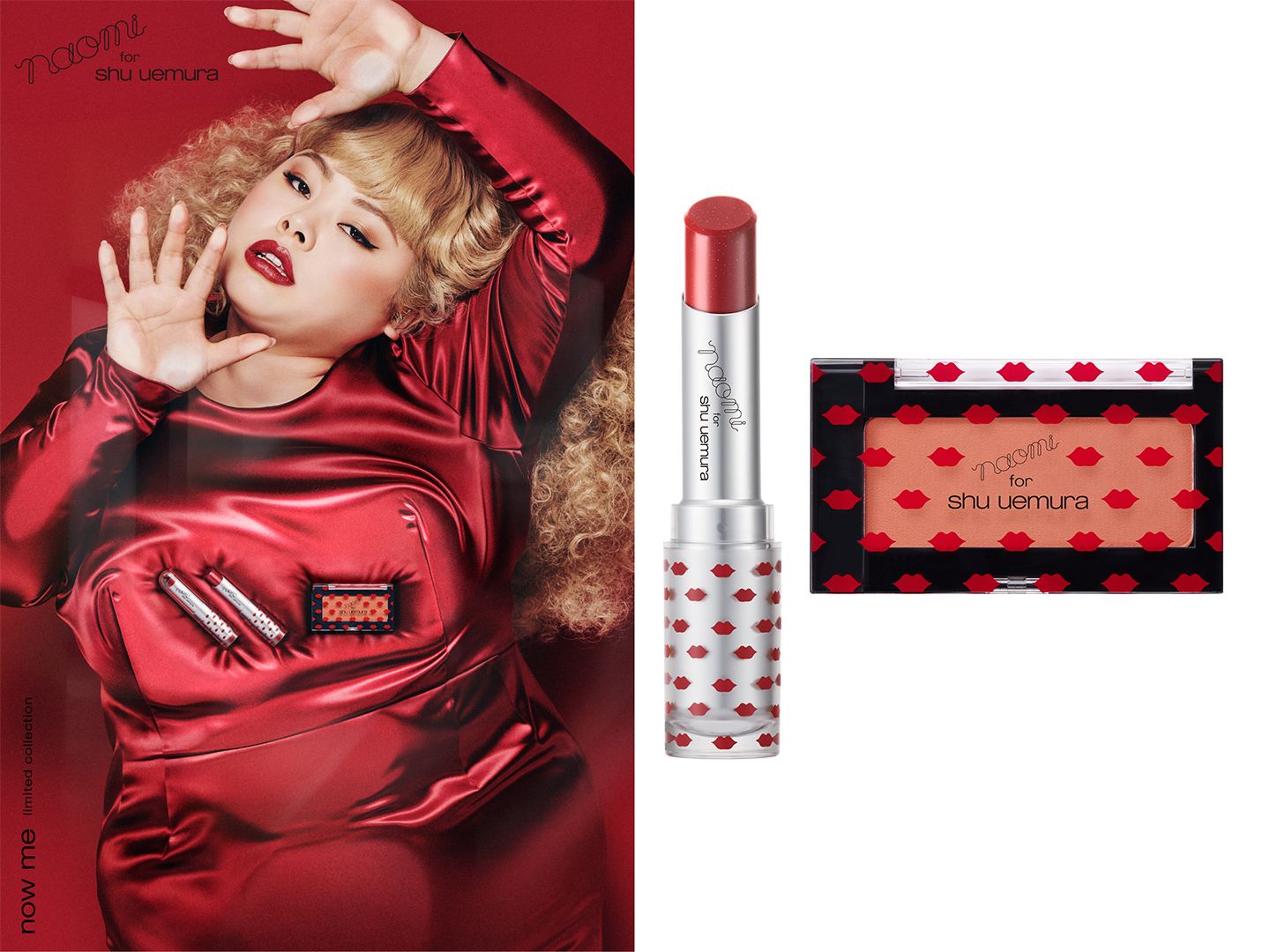 左/©naomi for shu uemura、右/シュウ ウエムラ ルージュ アンリミテッド マット M RD 01 ¥3,200、グローオン F M ミディアム アンバー(レフィル) ¥2,500 *カスタムケース ¥700(2019年7月20日限定発売)