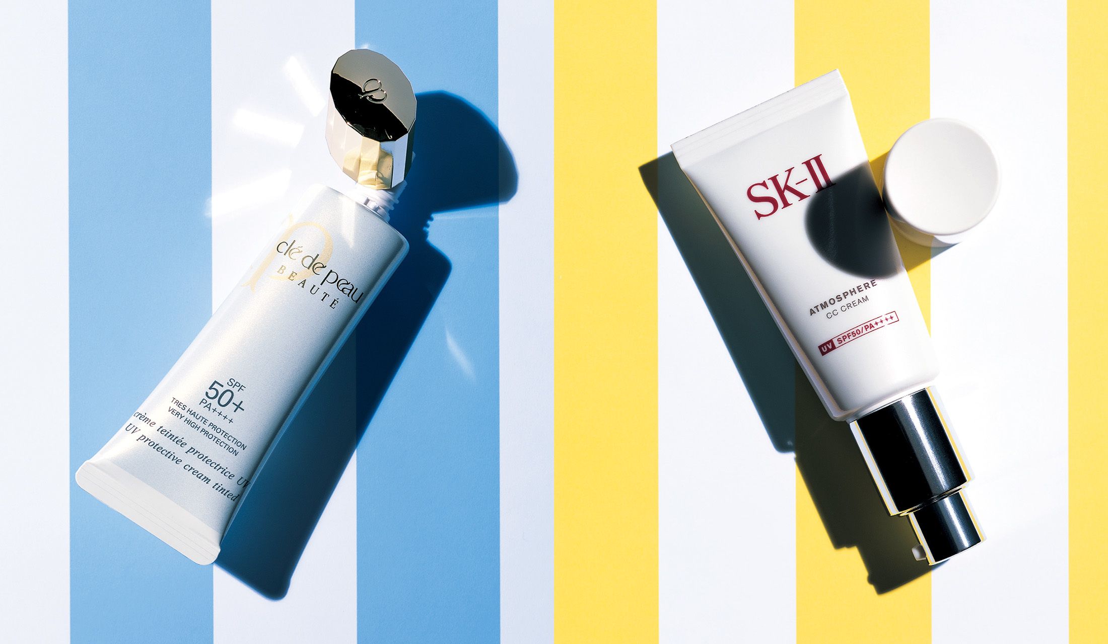 左から/資生堂インターナショナル クレ・ド・ポー ボーテ クレームタンテUV 30ml ¥8,000、SK-Ⅱ アトモスフィア CC クリーム 30g ¥8,500(編集部調べ)