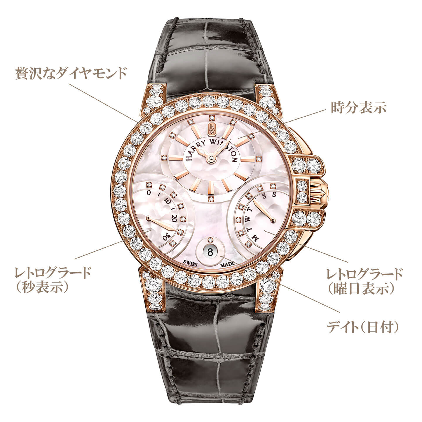 『HW オーシャン・バイレトログラード オートマティック 36㎜』¥6,250,000【ローズゴールド×ダイヤモンド×マザー・オブ・パール、ケース径36㎜、アリゲーターストラップ、自動巻き】(ハリー・ウィンストン)