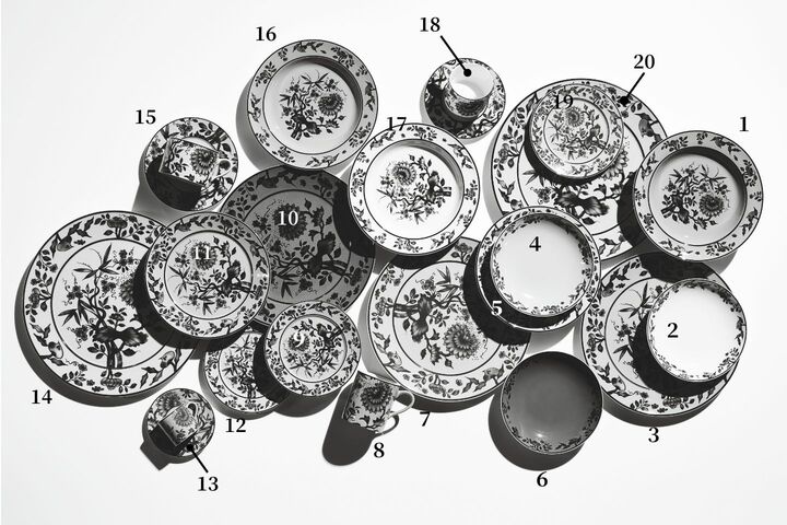 『オリジナル』コレクション1・16・17スーププレート直径約23㎝（ブルー、レッド、ホワイト）各￥38,500・2・4・6ボウル直径約18㎝各￥27,500（ホワイト、イエロー、ペトロール）・3・7・10プレート直径約29㎝（レッド、ピンク、ペトロール）各￥44,000・ 5・11プレート直径約22㎝（イエロー、ブルー）各￥25,300・8マグ（レッド）￥27,500・9・12・19プレート直径約17㎝（レッド、セラドン、ピンク）各￥15,400・13エスプレッソカップ＆ソーサー（ピンク）￥27,500・14・20プレート直径約33㎝（イエロー、セラドン）各￥49,500・15カプチーノカップ＆ソーサー（セラドン）￥38,500・18コーヒーカップ＆ソーサー（イエロー）￥33,000（ジーケージャパンエージェンシー〈マイセン〉）