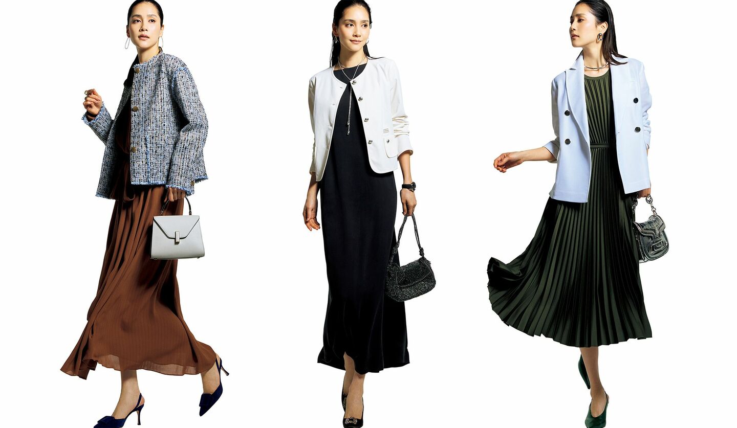 「M・fil」「ブランベール」「theory luxe」のジャケットにワンピースを組み合わせたコーディネート