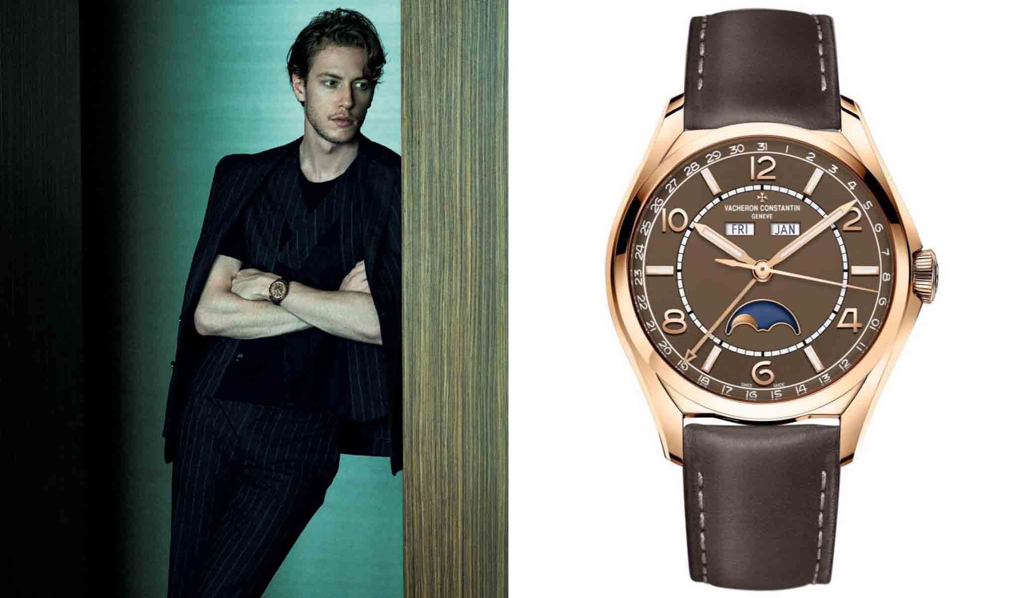 右はヴァシュロン・コンスタンタンの腕時計、『フィフティーシックス・コンプリートカレンダー』。左はそれを着けているモデル。