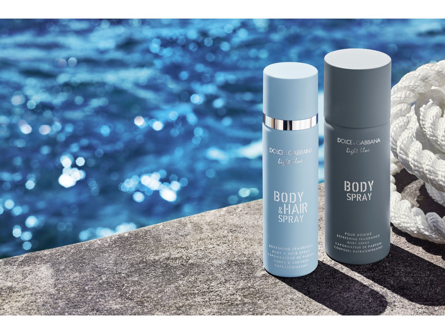 左/ドルチェ&ガッバーナ ライトブルー ボディ&ヘアスプレー 100ml ¥4,300、右/ライトブルー プールオム ボディスプレー 125ml ¥3,000(2019年5月29日数量限定発売)