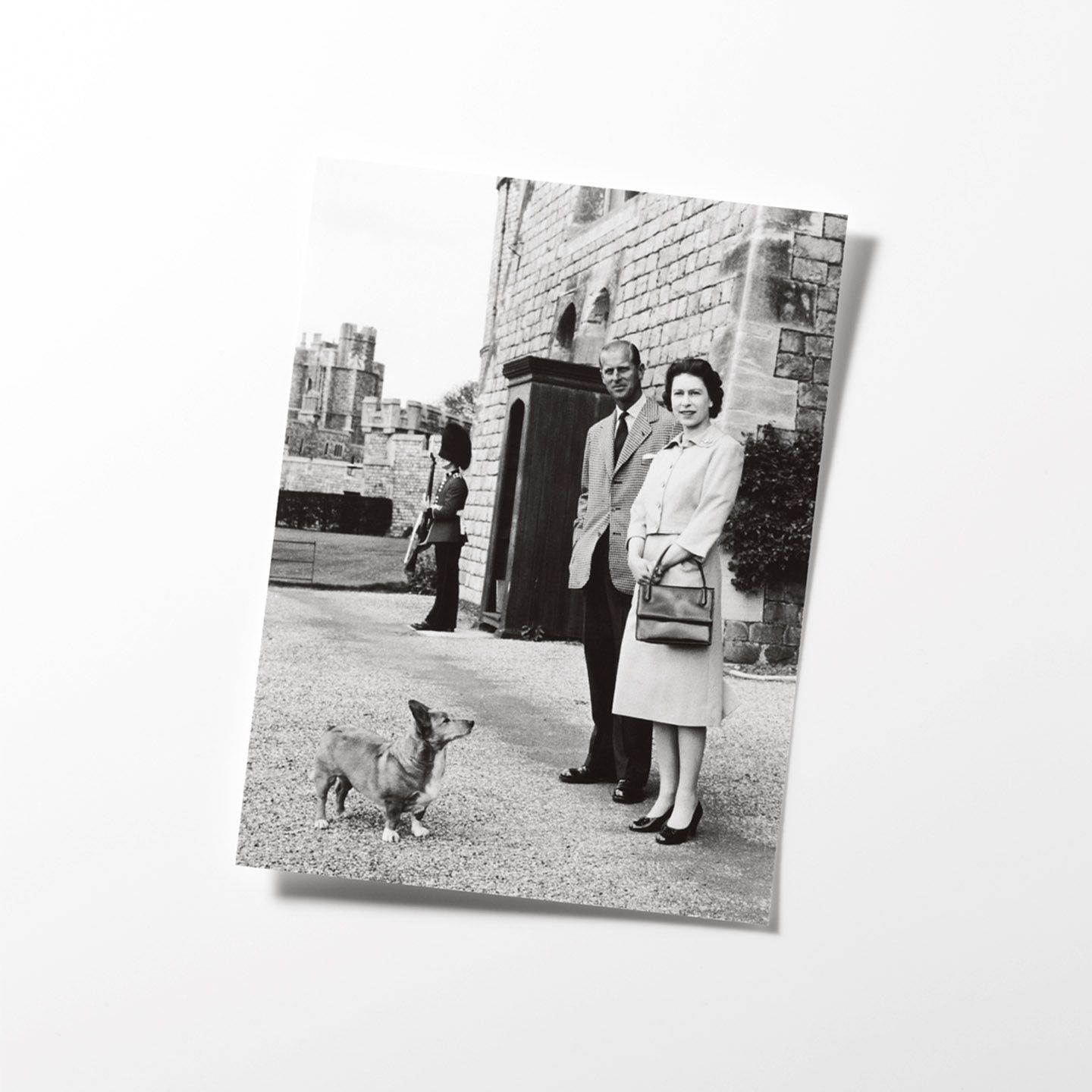 1959年、ウィンザー城の入り口にて女王とフィリップ殿下。ふたりを見上げるコーギーの姿がなんとも愛らしい。©Getty Images