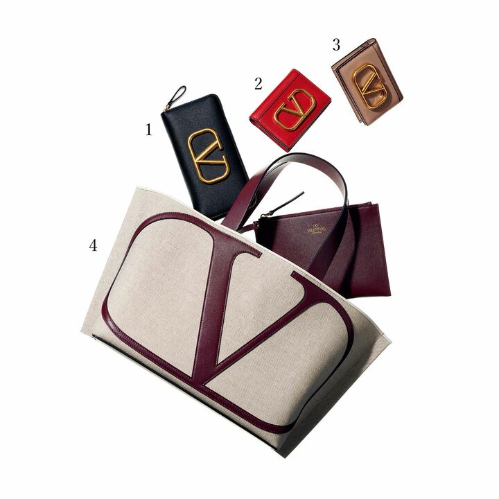 1.長財布［縦10×横19.5×マチ2.5cm］￥90,000・2～3.二つ折り財布［縦8.5×横11.5×マチ2.5cm］各￥61,000・4.トートバッグ『V ロゴ エスケープ』［縦25×横38×マチ16cm］￥143,000（ヴァレンティノ ジャパン＜ヴァレンティノ ガラヴァーニ＞）　［Precious2019年7月号263ページ］