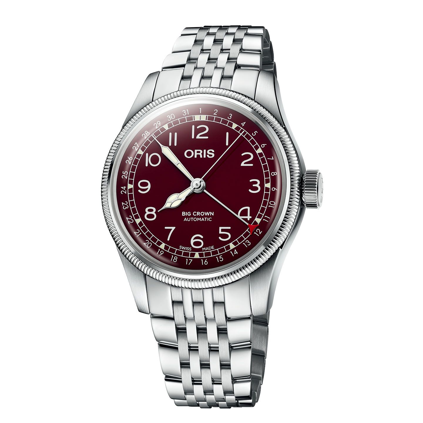 「ビッグクラウン ポインターデイト」¥195,000(税抜) ●ケース:ステンレススチールケース ●ケース径:40mm ●ダイヤル:ディープレッドダイヤル ●パワーリザーブ:38時間 ●防水性:50m ●ポインターデイト表示 ●シースルーバック ●自動巻き