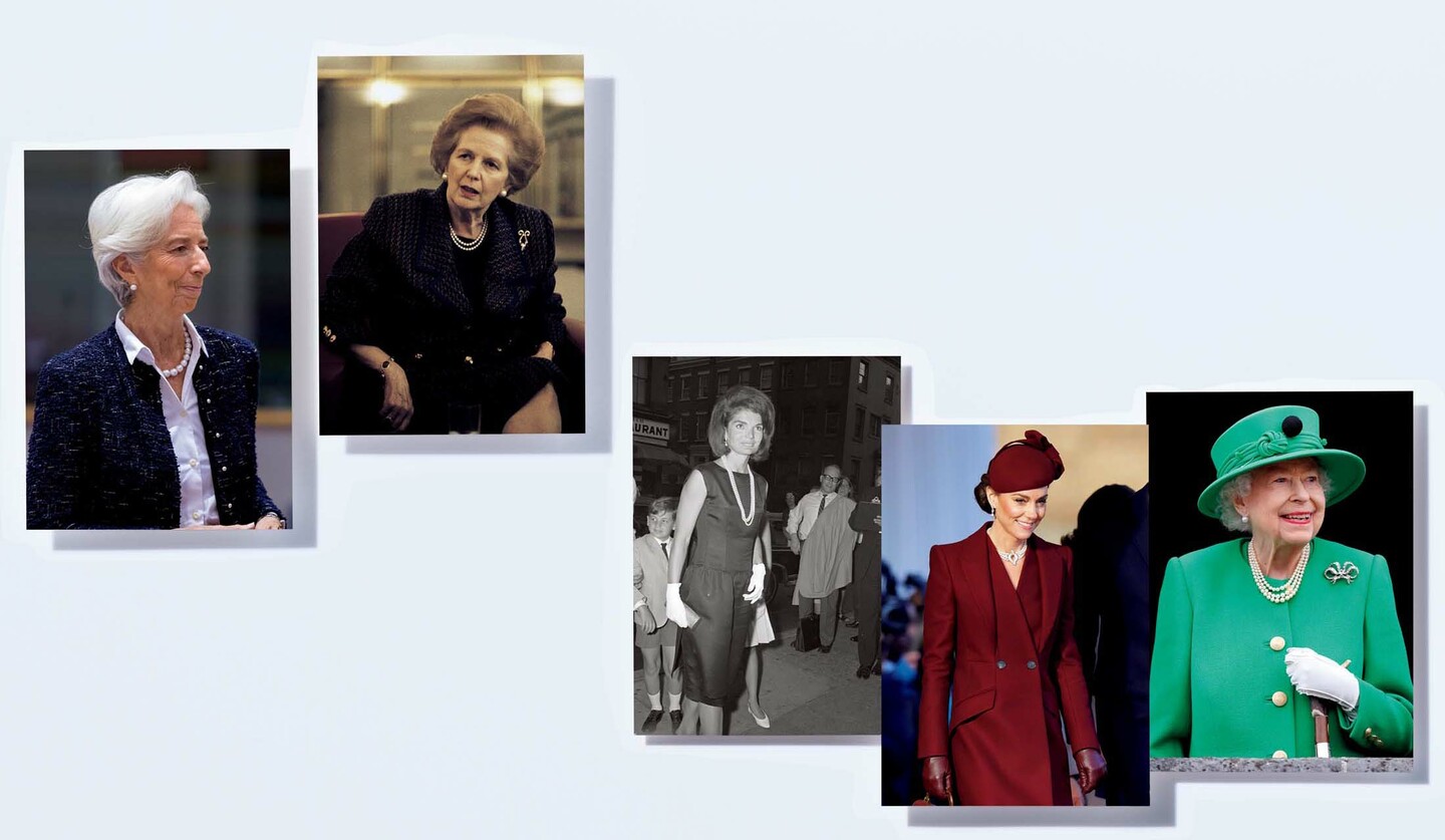 パールを着用したクリスティーヌ・ラガルド欧州中央銀行総裁、マーガレット・サッチャー元英国首相、ジャクリーン・ケネディ・オナシス、キャサリン皇太子妃、エリザベス女王