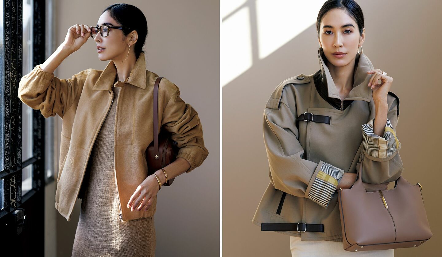 オーラリーとトッズのブルゾンを着用したモデルの立野リカさん