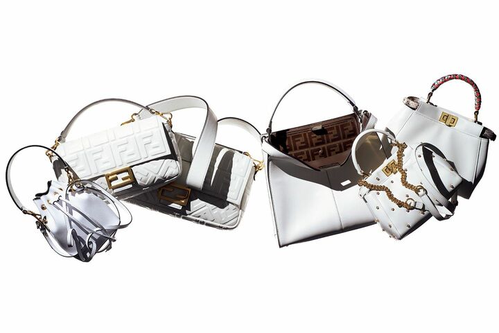 左から／「モン トレゾール」￥143,000【サイズ：縦18×横12×マチ10cm】［カーフレザー］・「バゲット」ミディアム￥283,000【サイズ：縦14×横26×マチ4cm】［ナッパレザー］・「バゲット」ラージ￥333,000【サイズ：縦18×横33×マチ5.5cm】［ナッパレザー］・「ピーカブー エックスライト」￥431,000【サイズ：縦25×横30×マチ15cm】［カーフレザー］・「ピーカブー エックスエス」￥406,000【サイズ：縦16×横19×マチ16cm】［ナッパレザー］・「ミニ ピーカブー」￥406,000【サイズ：縦18×横23×マチ11cm】［ナッパレザー×パイソン］（フェンディ ジャパン）