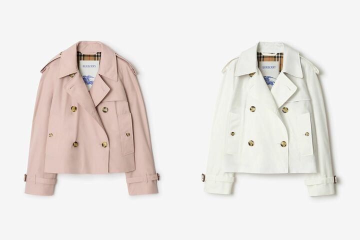 クロップド トロピカル ギャバジン トレンチジャケット ￥294,800【色：（左より）ペールシュガーピンク・コットンホワイト】