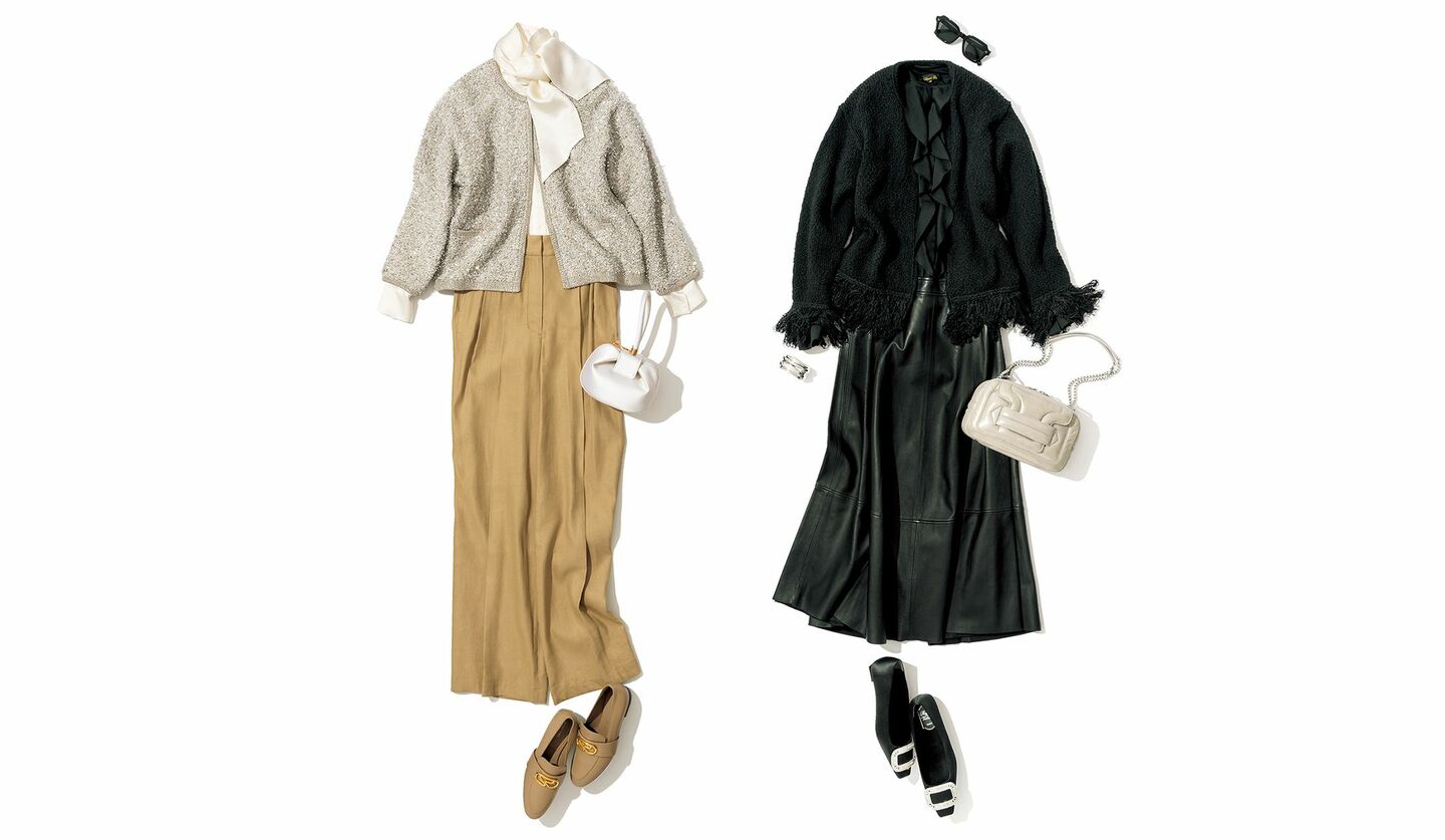 リラクシーなニット素材のノーカラージャケットのコーディネート