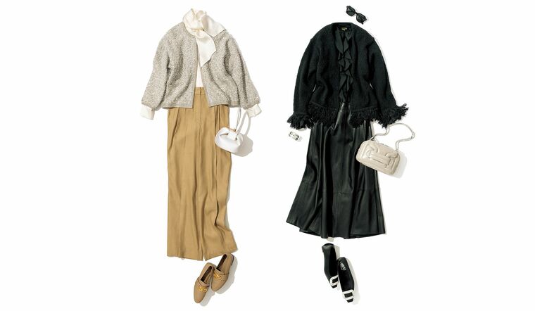 リラクシーなニット素材のノーカラージャケットのコーディネート