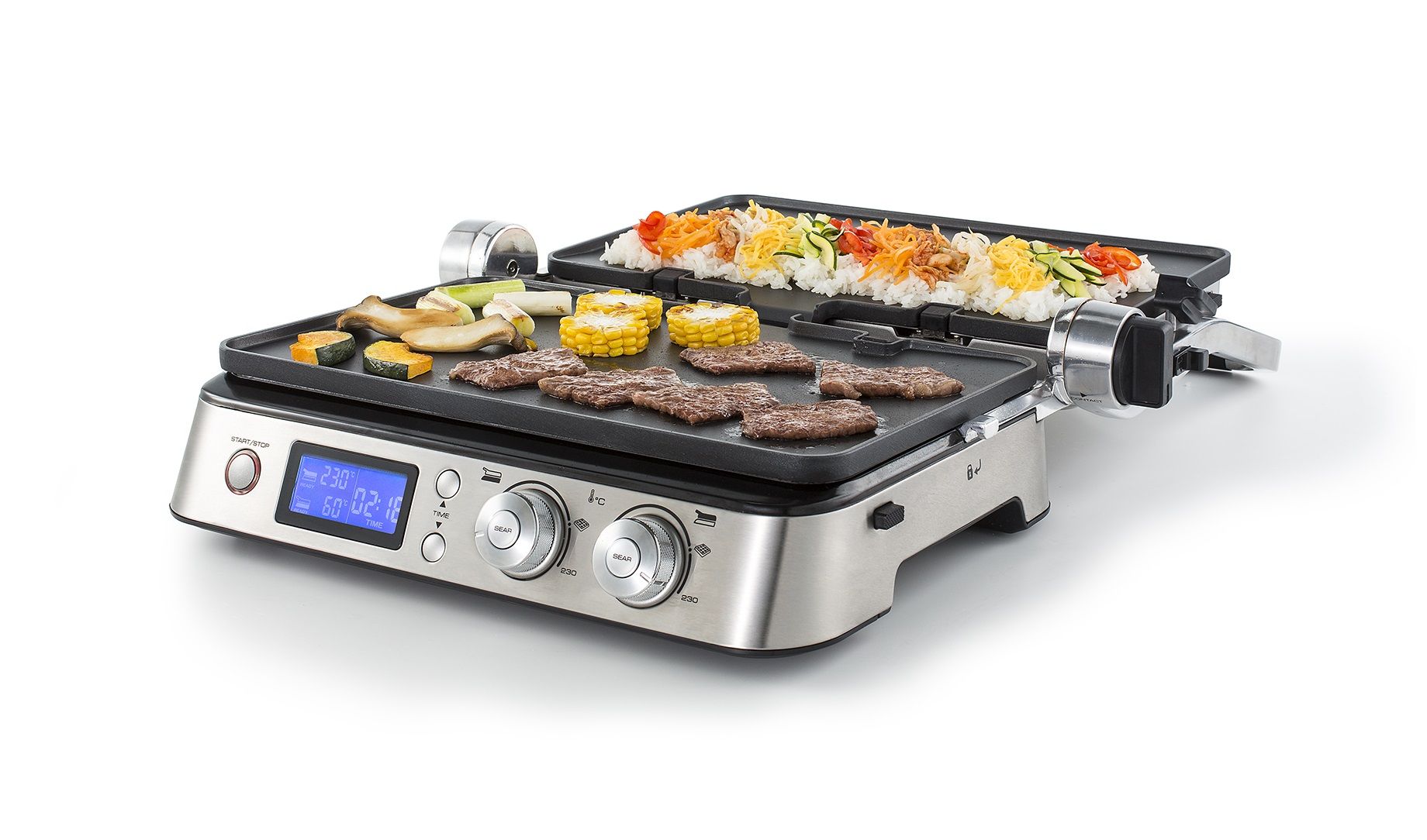 デロンギ マルチグリル BBQ & コンタクトグリルプレート(CGH1011DJ)/180度オープンに広げた「BBQポジション」のイメージ。プレートの焼面はなんと、1540㎠のビッグサイズ!