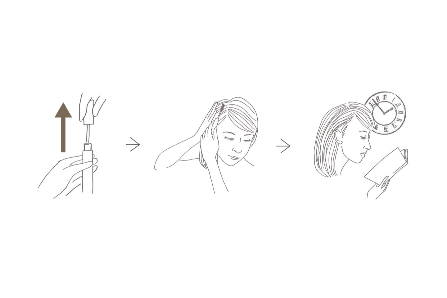 ヘアマスカラを引き抜く→生え際から毛先に塗る→しばらく乾かす(約5分)。顔まわりや耳周りの髪に使う場合は、メガネやイヤリング・ピアスなどに色がつかないように、完全に乾いたかどうかを確認しましょう。