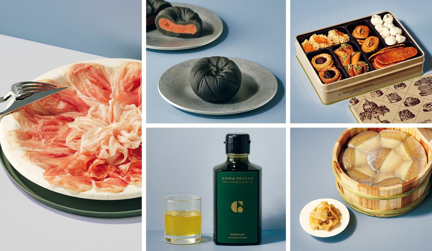 総本家 小鯛雀鮨 すし萬『古傳桶詰(小)』、オーボンヴュータン『プティ・フール・セック(小)』、SALUMII LAND TOKYO『生ハムお任せ盛り』