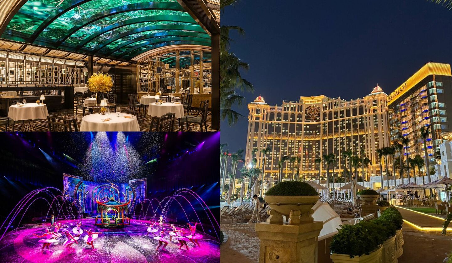 マカオのラグジュアリーホテル「アンダーズ・マカオ」の外観に、カール・ラガーフェルド氏がインテリアデザインを手がけた『メーザ バイ ジョゼ・アビリス』の内観、マカオで話題の水上ショー「ハウス オブ ダンシング ウォーター（House of Dancing Water）」の一場面