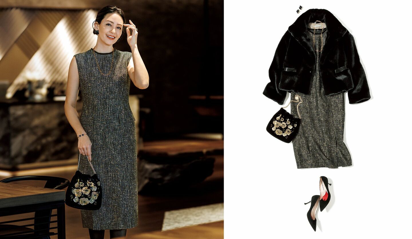 オブリオのワンピースを着用したモデルのRINAさんとtheory luxeのファーコートを主役にしたコーディネート