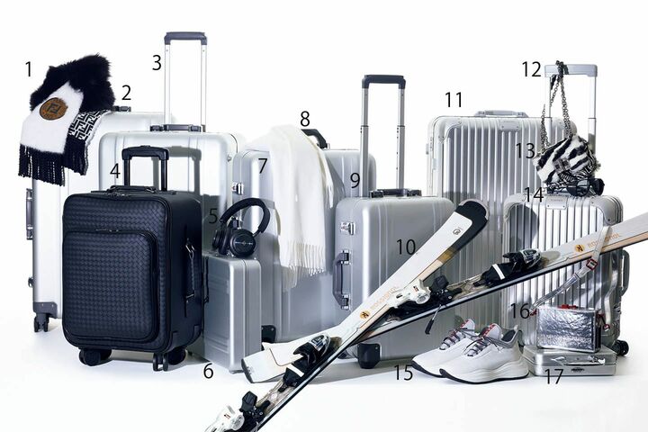 1ストール￥283,000（フェンディ ジャパン）2「Classic Aluminum2.0」￥200,000【縦79×横54×マチ26cm】・3￥180,000【縦73×横49×マチ25cm】（ゼロハリバートン）4トランク￥ 535,000【縦55×横37×マチ22cm】（ボッテガ・ヴェネタ ジャパン）5ヘッドフォン￥55,463（TFC〈バング＆オルフセン〉）6アタッシェケース「SL-Series」￥80,000【縦33×横46×マチ11cm】（ゼロハリバートン）7ストール￥135,000【縦200×横70cm】（ロロ・ピアーナ銀座並木通り本店）8トランク「Classic Aluminum2.0」￥165,000【縦68×横46×マチ25cm】・9￥130,000【縦53×横37×マチ24cm】（ゼロハリバートン）10スキー／ビンディングとセット価格￥91,000（グループ・ロシニョール）11トランク「リモワ オリジナル」￥148,000【縦79×横51×マチ27.5cm】・12￥111,000【縦55×横40×マチ20cm】（リモワ）13バッグ￥550,000【縦11×横17×マチ6cm】（トム フォード ジャパン）14サングラス￥96,000（ケリング アイウエア ジャパン〈サンローラン〉）15 スニーカー￥95,000／予価（プラダ ジャパン〈プラダ〉）16バッグ￥260,000【縦12.4×横18×マチ6.5cm】（カルバン・クライン〈カルバン・クライン205W39NYC〉17ミニトランク「S-Series」￥70,000【縦18×横26×マチ7cm】（ゼロハリバートン）　[Precious2019年1月号108-109ページ]