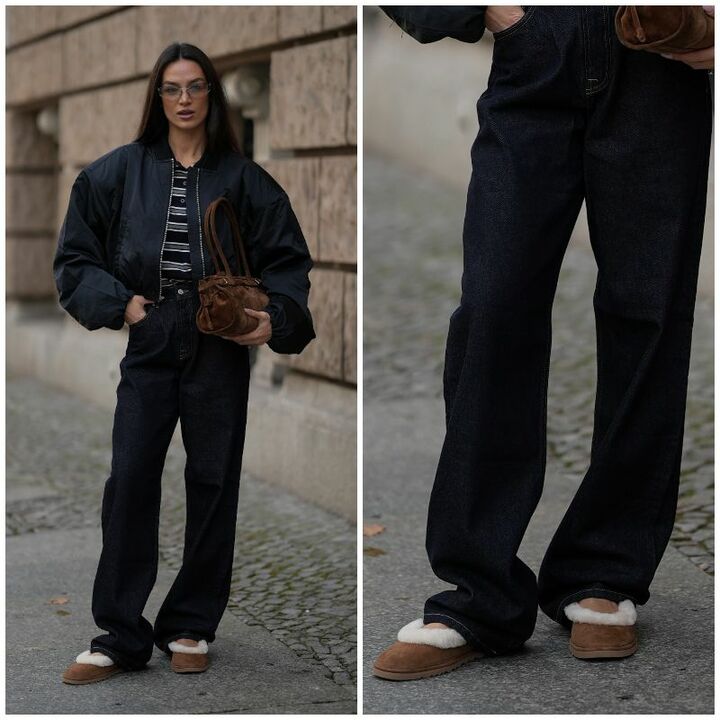 ショート丈のブルゾンとハイウエストパンツでスタイルアップをクリア。