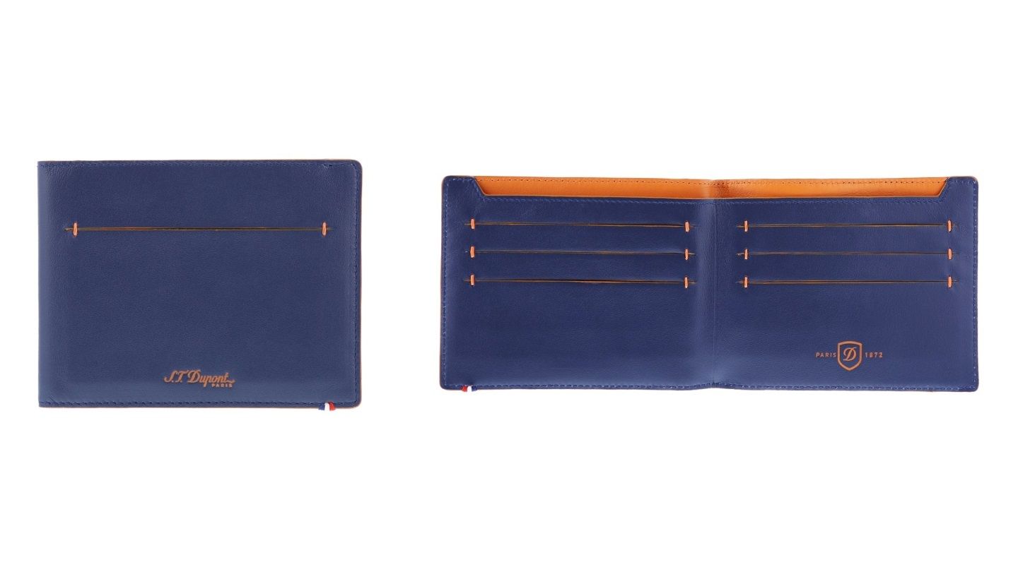 エス・テー・デュポン レザーコレクション「ライン Dスリム」二つ折り財布¥35,000【縦9x横11.5cm・ブルー&オレンジ】