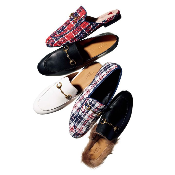 靴「ホースビットローファー」上から／ツイードのスリッパ￥100,000・定番のカウレザーの黒ローファー￥98,000・カウレザーの白スリッパ￥90,000・ツイードローファー￥98,000・ラムファーをあしらった、黒のカウレザーのスリッパ￥132,000（グッチ ジャパン）　[Precious2018年10月号91ページ] 