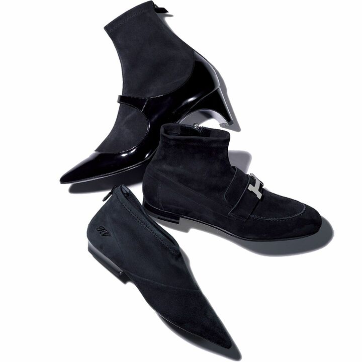 上から／ブーツ「キティ」￥132,000【ヒール：5.5cm】［パテントカーフ×キッドスエード］（ピエール アルディ 東京）、ブーツ「サントノーレ」￥150,000【ヒール：1.5cm】［シェーヴル・ヴェロア］（エルメスジャポン）、ブーツ「ツイストRV ブーティ」￥133,000【ヒール：2cm】［ラムスキン］（ロジェ・ヴィヴィエ・ジャパン）　[Precious2018年11月号148ページ] 