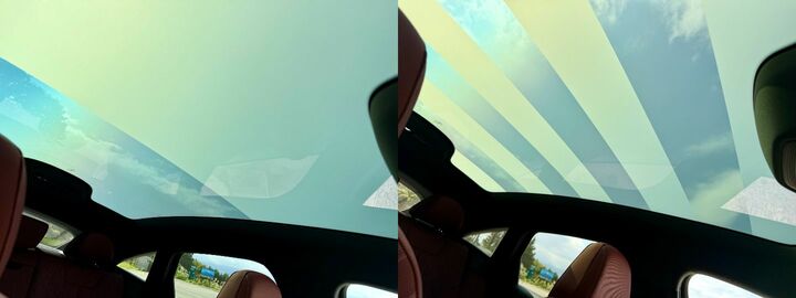 すべての席で開放感を味わえる大きなガラスルーフは、ボタン操作で曇り具合を調節可能。