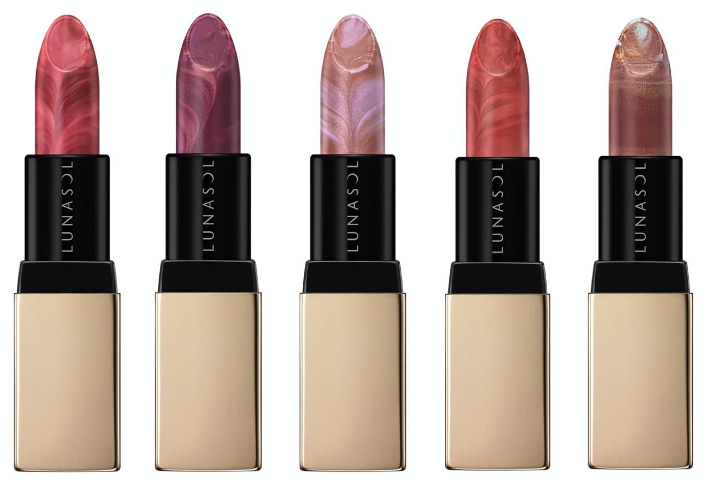 ルナソル マージングカラーリップブラッシュ 限定5種 (上段からEX01 Velour Red、EX02 Magnolis Mauve、EX03 Satin Dress、EX04 Brilliant Flame、EX05 Mystic Amber) ¥4,000(2020年11月20日数量限定発売)
