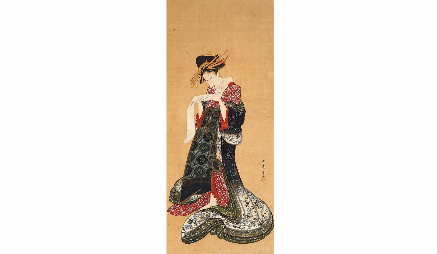 東京都美術館で開催中の『大英博物館日本美術コレクション  百花繚乱～海を越えた江戸絵画』で展覧されている喜多川歌麿の《文読む遊女》の画像