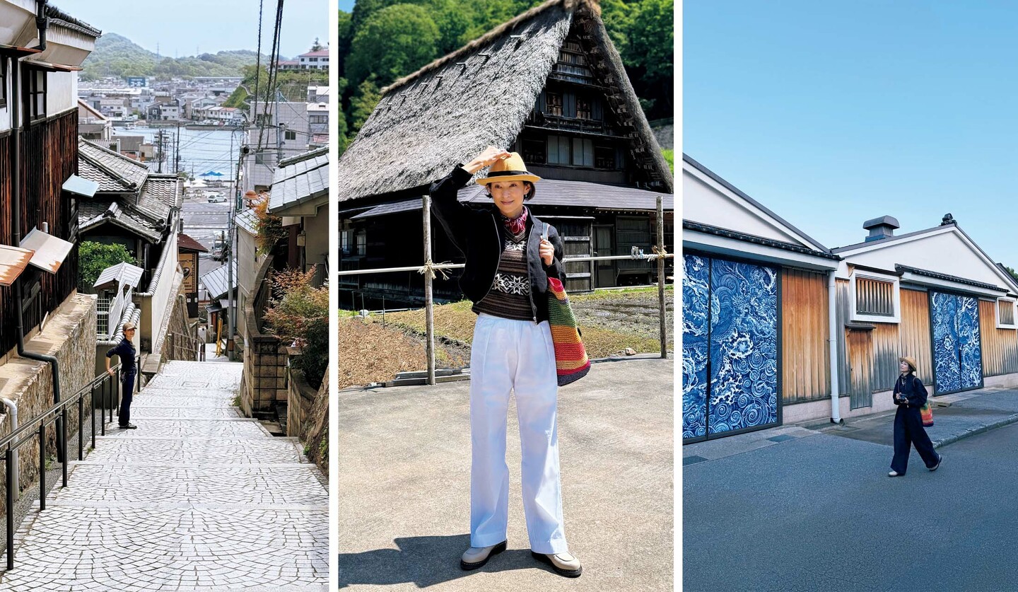 俳優の鈴木保奈美さんが瀬戸内海、富山の五箇山合掌造りの集落、富山県を旅するカット