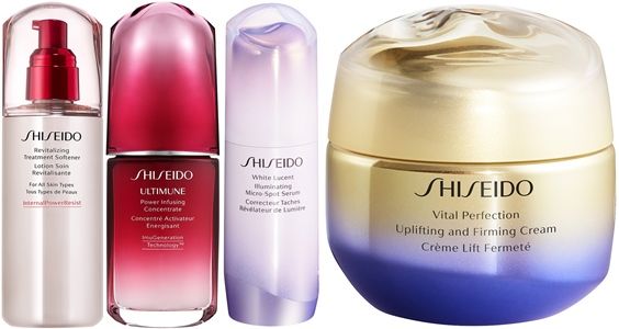 左からRVトリートメントソフナー、アルティミューン、ホワイトルーセント イルミネーティング マイクロＳ セラム、SHISEIDO バイタルパーフェクション ＵＬ ファーミング クリーム（すべて「SHISEIDO]）