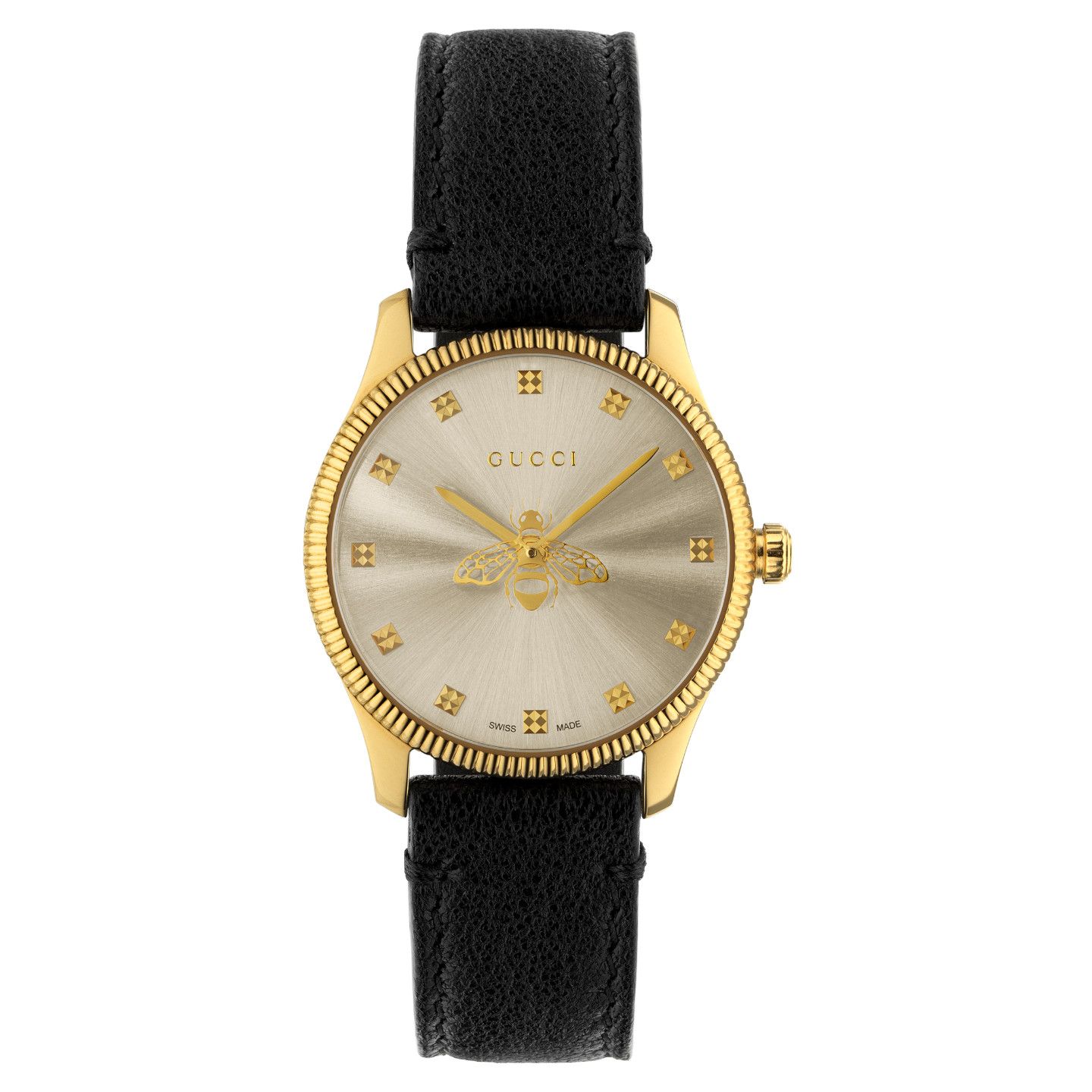 時計「G-タイムレススリム」 ¥148,000【品番:YA1265023、ケース径:29mm、ケースカラー:イエローゴールドPVD、ダイアル:サンブラッシュシルバー、ブレスレット:ブラックレザー】