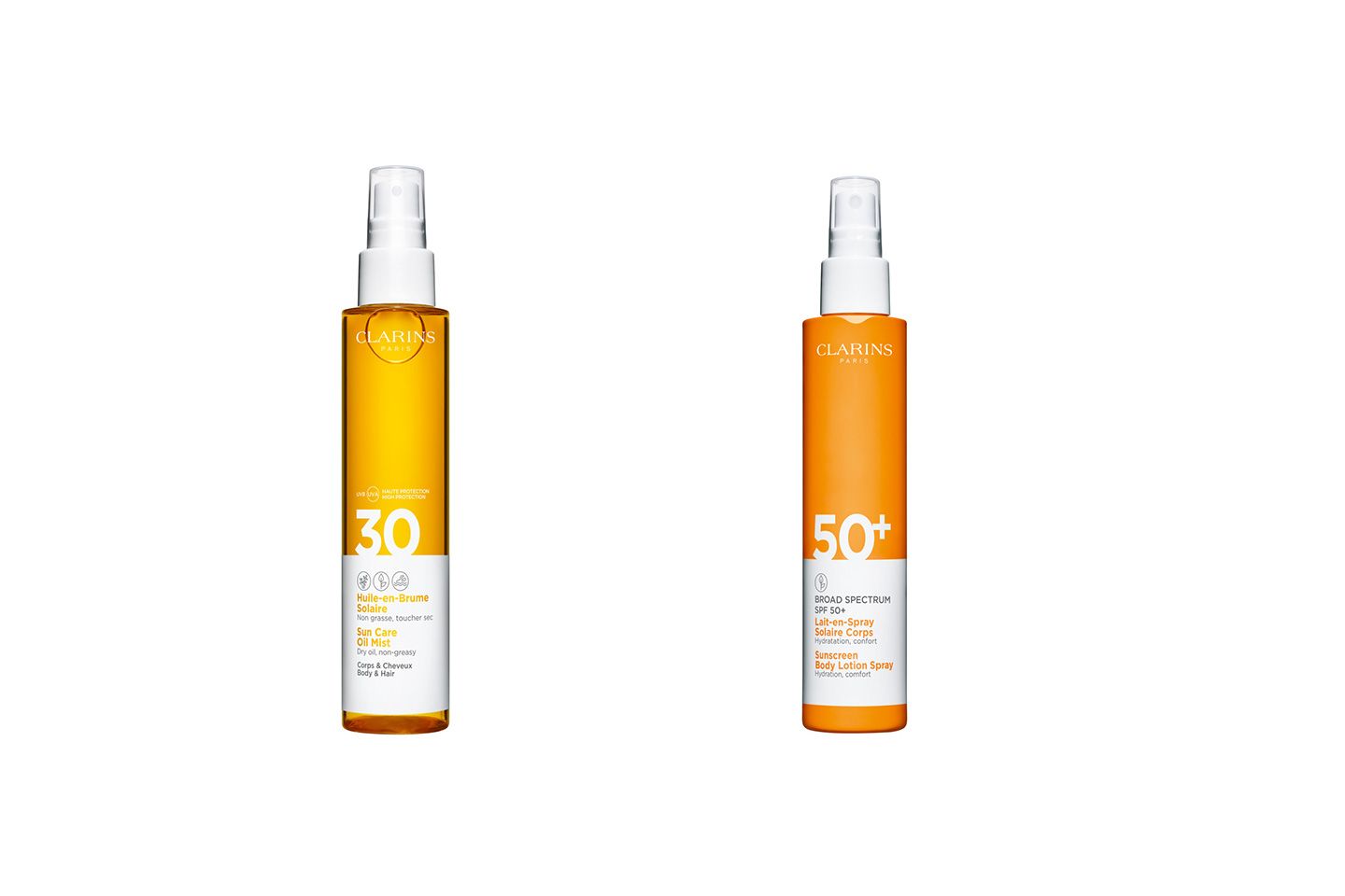 クラランス (左)サンケア オイルミスト SPF30 150mL ¥3,700 (右)サンケア ローション スプレーSPF50+ 150mL ¥3,700