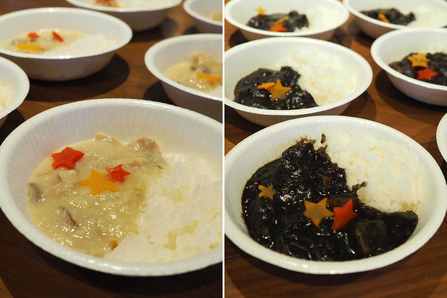 宇宙をイメージする星型の野菜がトッピングされたカレーは2種類。