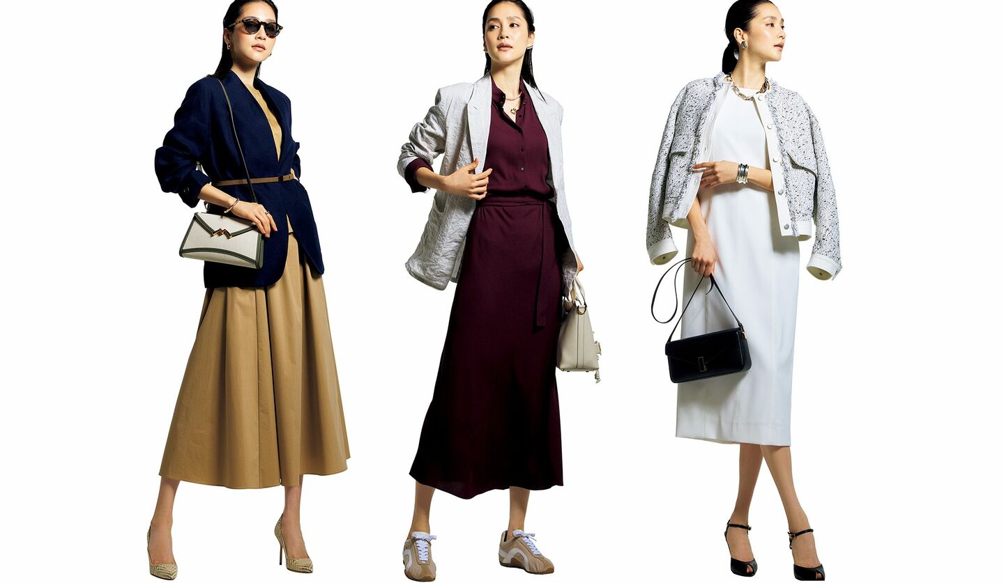 「デパリエ」「オーヴィル」「セアン」のジャケットにワンピースを組み合わせたコーディネート