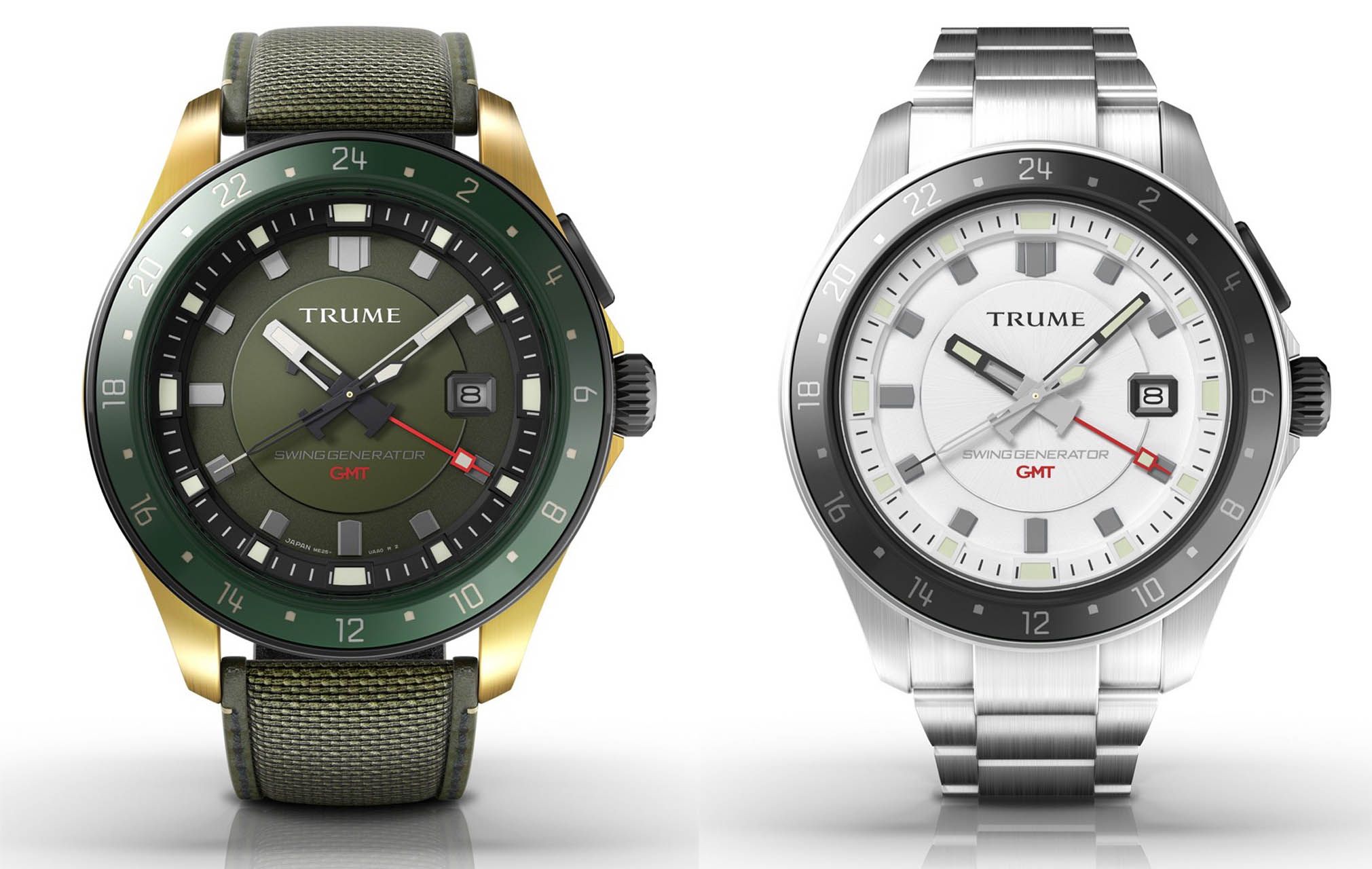 『TRUME』の最新モデル「L Collection –Break Line-」より、東レの高強力ナイロン糸を使ったGAIFU®ベルトを採用したリミテッドモデルTR-ME2001(左)¥80,000(税抜)、チタン製メタルバンドを採用したTR-ME2011(右)¥90,000(税抜)。チタンケース(ベゼル部はセラミック)、クオーツ、10気圧防水、サイズ(ボタン・リューズ含まず)縦52.9mm×横45.4mm×厚さ12.4mm、ラグ幅22mm。