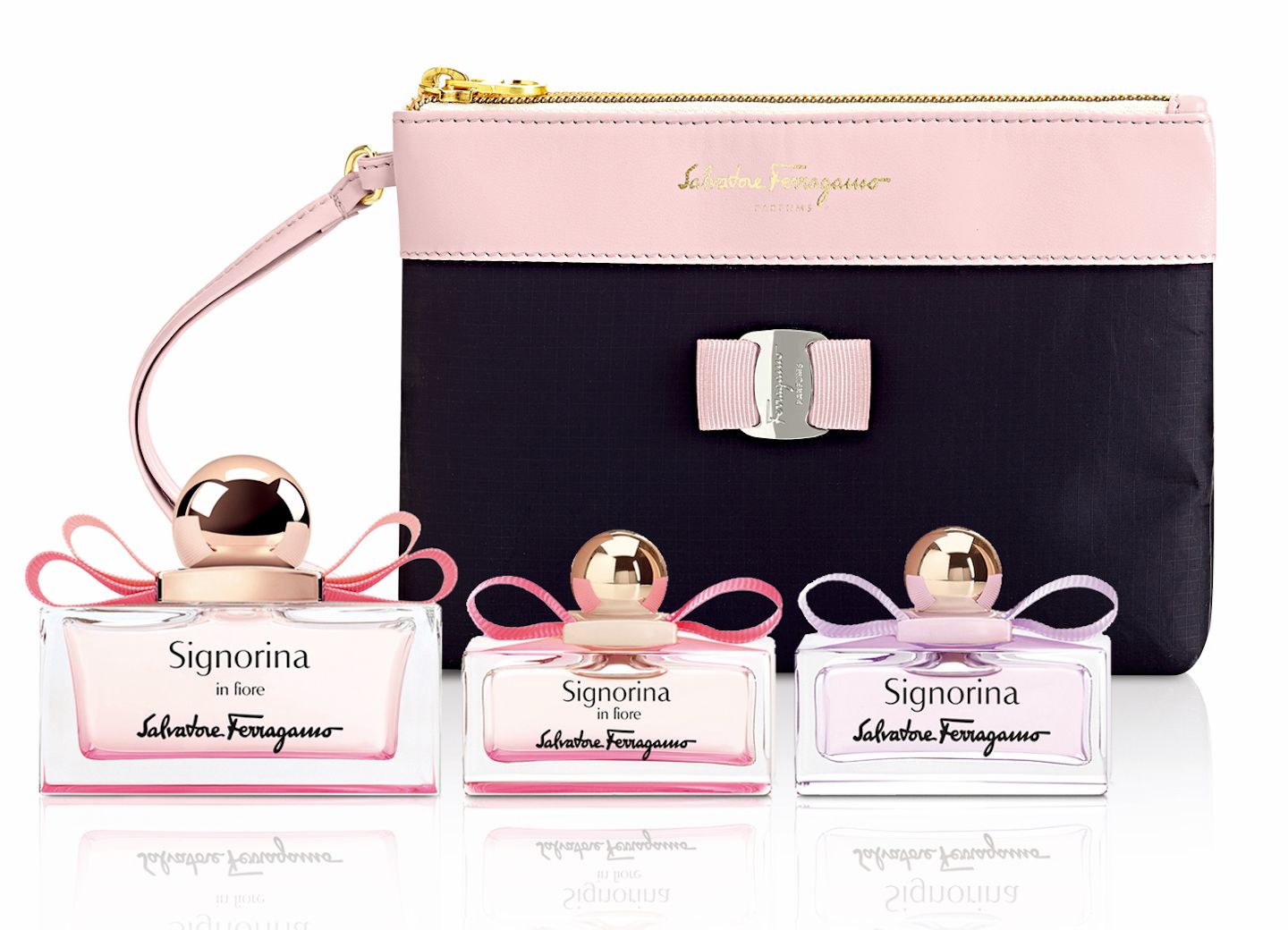 「シニョリーナ イン フォーレ限定キット」 ¥10,800 セット内容:「シニョリーナ イン フィオーレ オーデトワレ」50ml(現品)、同5ml、「シニョリーナ オーデトワレ」5ml、オリジナルポーチ