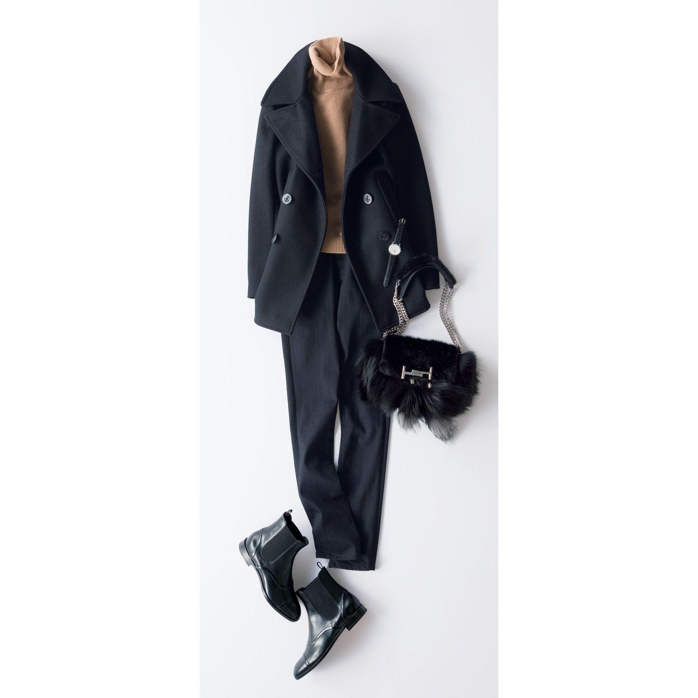コート・ニット・パンツ(イヴ・サンローラン〈サンローラン〉)、時計(LVMH ウォッチ・ジュエリー ジャパン〈ゼニス〉) 、バッグ(トッズ・ジャパン )、靴(リエート〈サントーニ〉) 撮影/佐藤 彩 BY :『Precious2月号』小学館、2017年