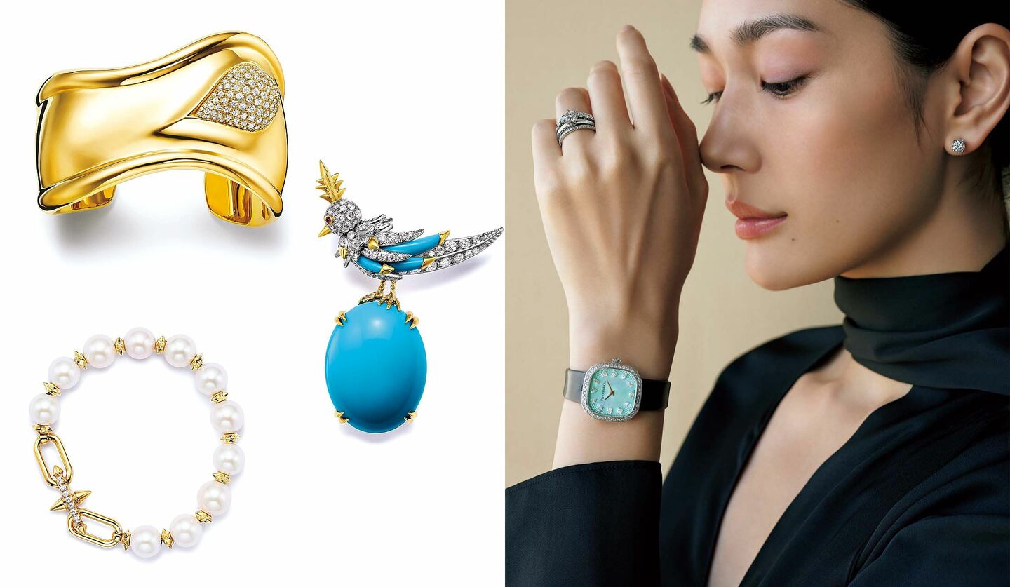 ティファニーのジュエリーを着用したモデルの大塚まゆかさんとティファニーのジュエリー