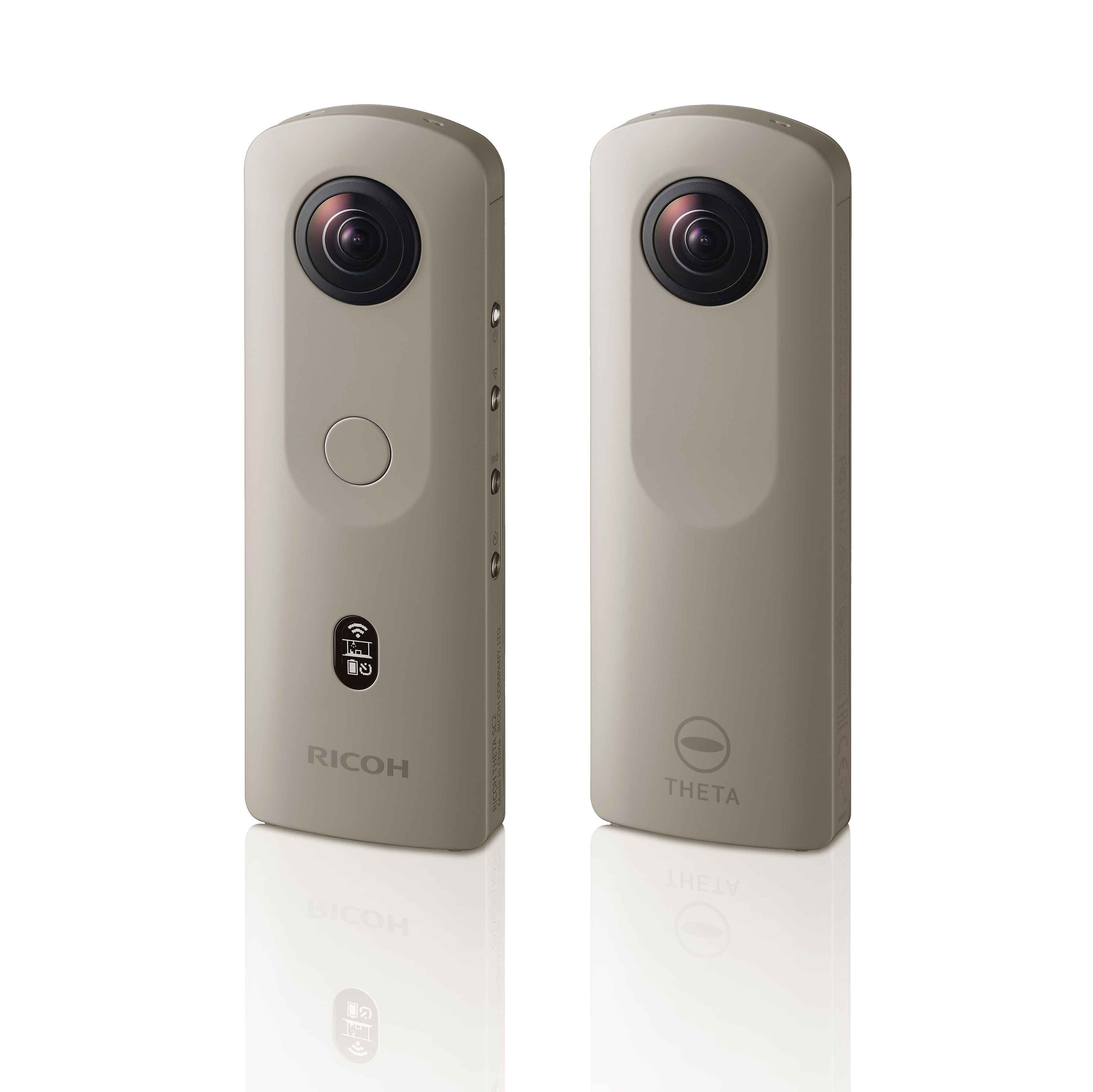 『RICOH THETA SC2 for Business』SPEC:W45.2×H130.6×D22.9mm(レンズ部込み)●質量:約104g●内蔵メモリ:約14GB●有効画素数:約1200万画素●出力画素数:約1400万画素。オープン価格(リコーオンラインストア価格¥39,800