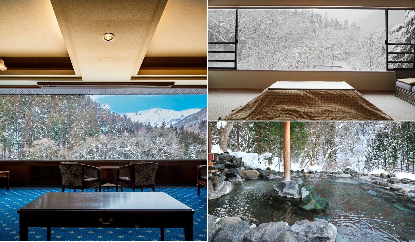 谷川温泉 檜の宿 水上山荘のラウンジ、客室、露天風呂のイメージ