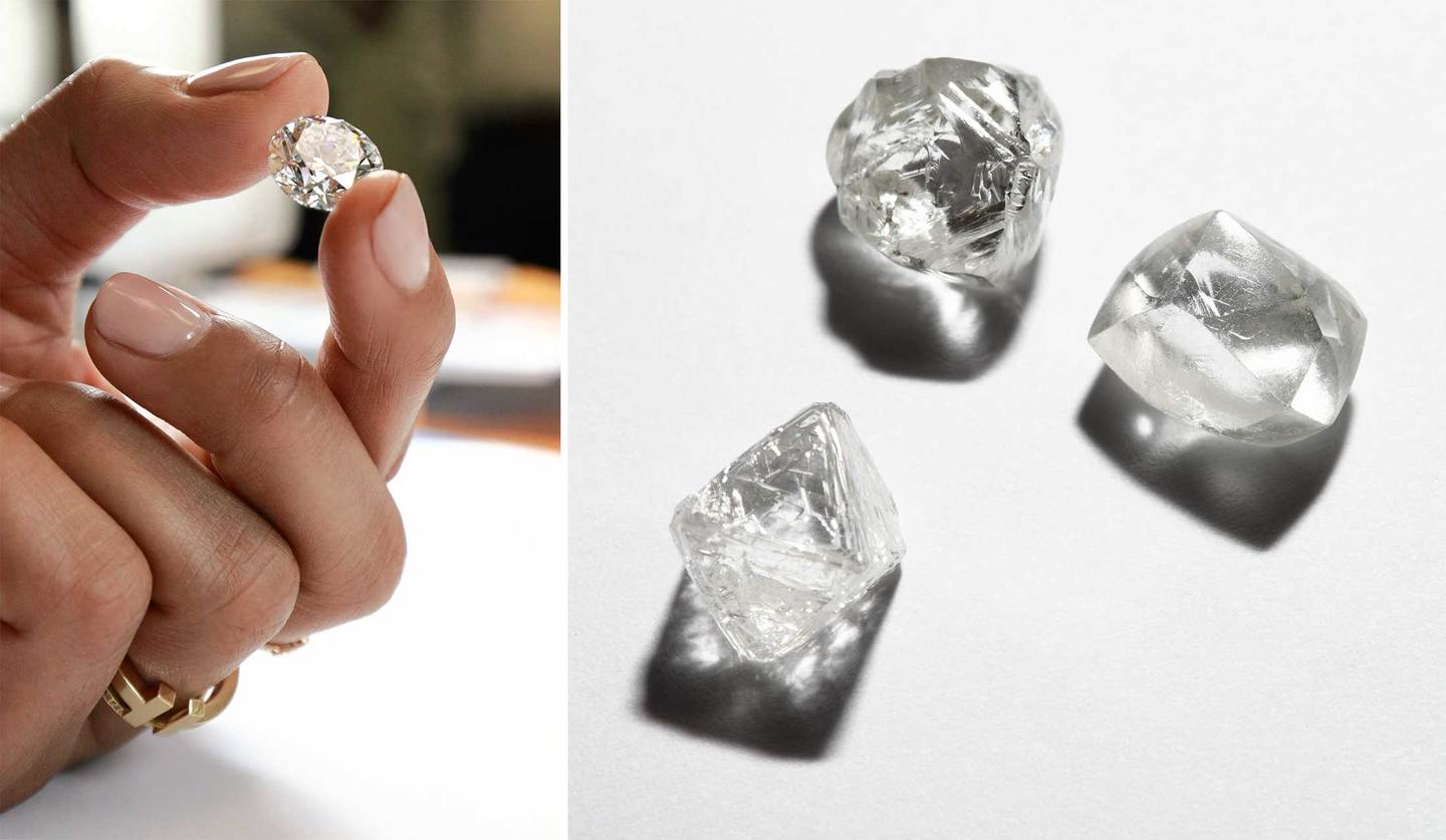 ティファニーのダイヤモンド原石を持つ手とダイヤモンド原石