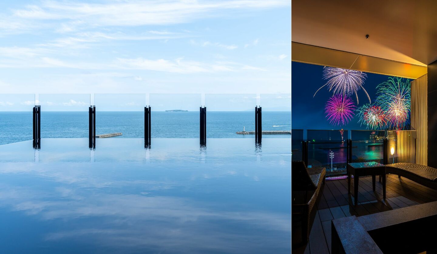 熱海パールスターホテルの最上階の露天風呂と客室からの花火のイメージ