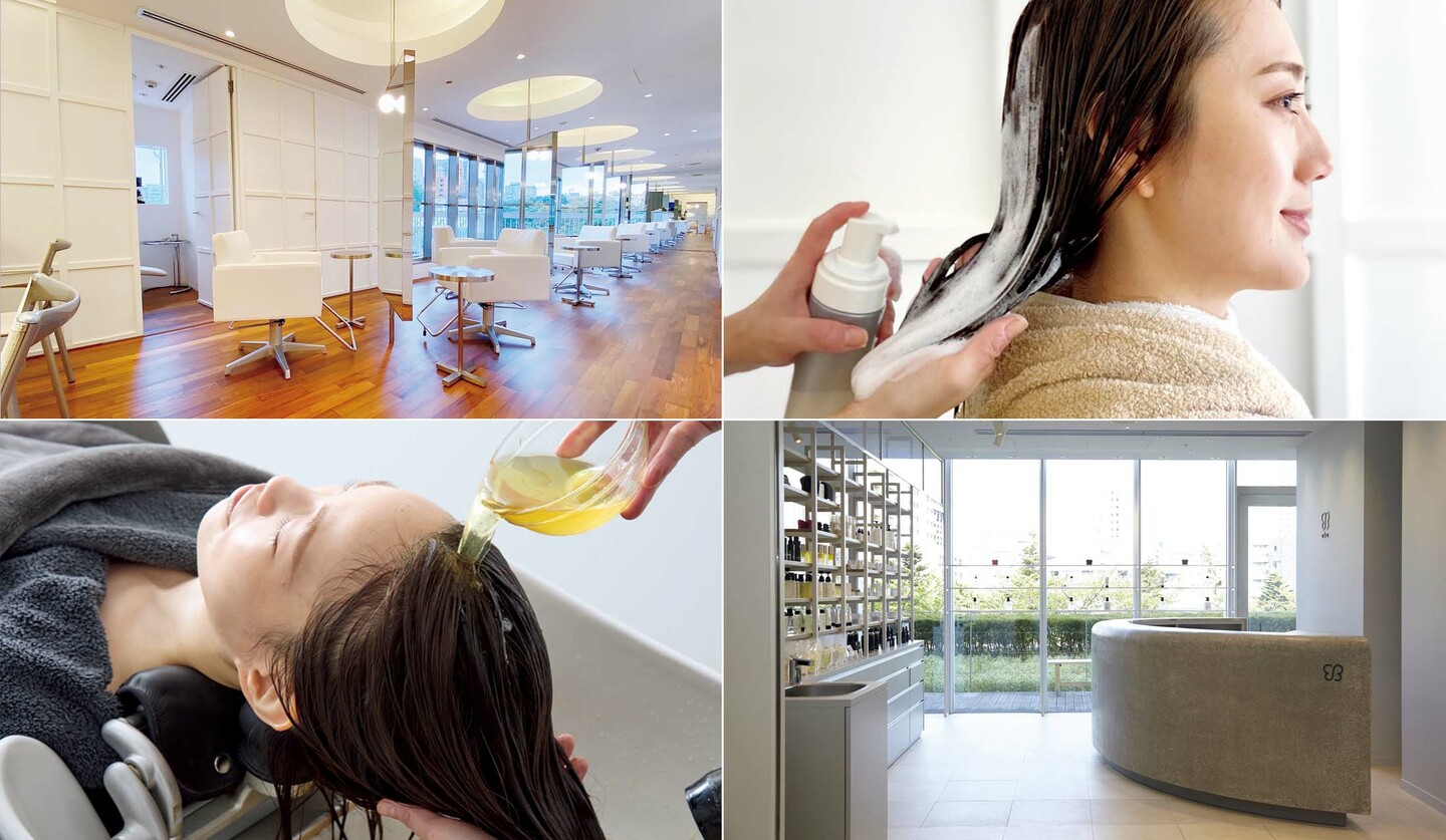 ヘアサロン「AMATA」と「uka」の店内とヘアケア施術の様子