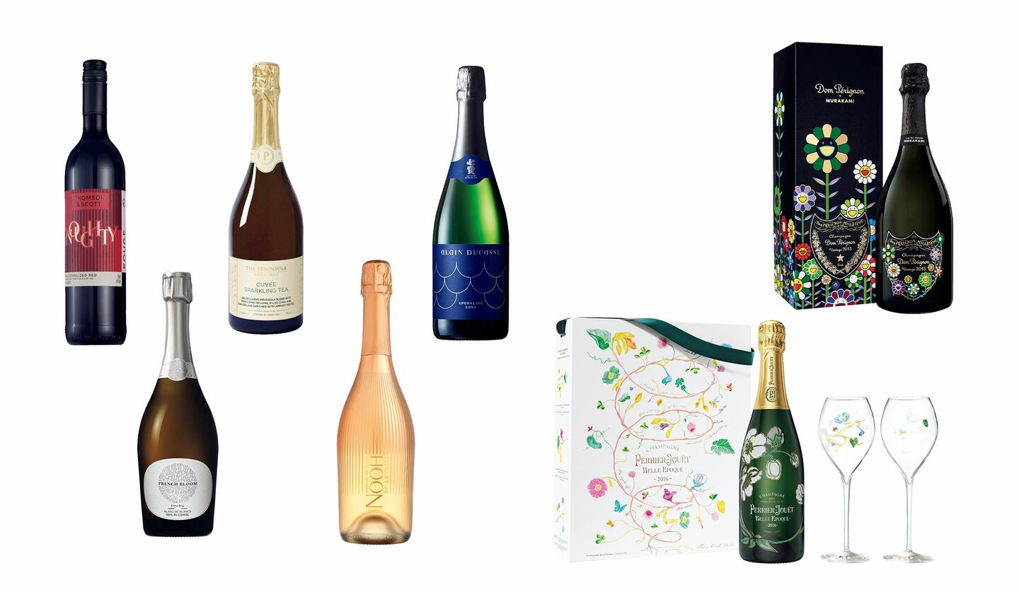 フレンチ・ブルーム・エクストラ・ブリュット、トムソン＆スコット ナウシー ルージュ、ヌー バイ ラ コスト スパークリング ロゼ ノンアルコール、ペニンシュラ キュベ スパークリングティー、ペリエ ジュエ ベル エポック 2016 グラス2脚セット エコロジカル ボックス by マルシン・ルサック、ドン ペリニヨン ヴィンテージ 2015 村上隆 限定エディション、アラン・デュカス スパークリング サケ