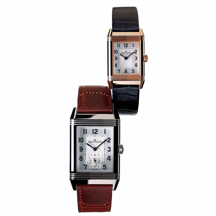 上から／『レベルソ・クラシック・スモール・デュエット』●手巻き ●ピンクゴールドケース×アリゲーターストラップ ●ケースサイズ／縦34.2×横21mm ￥1,875,000 ［下］『レベルソ・クラシック・ラージ・デュオ・スモールセコンド』●手巻き ●ステンレススティールケース×カーフストラップ ●ケースサイズ／縦47×横28.3mm ￥945,000（ジャガー・ルクルト）